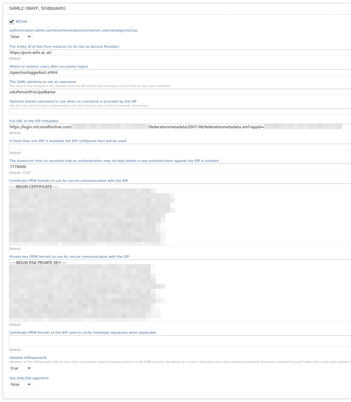 Screenshot of Pure SAML2 configuration